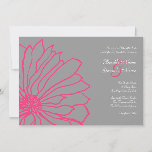 Hot Pink and Grey Floral Wedding Invitation (Front)