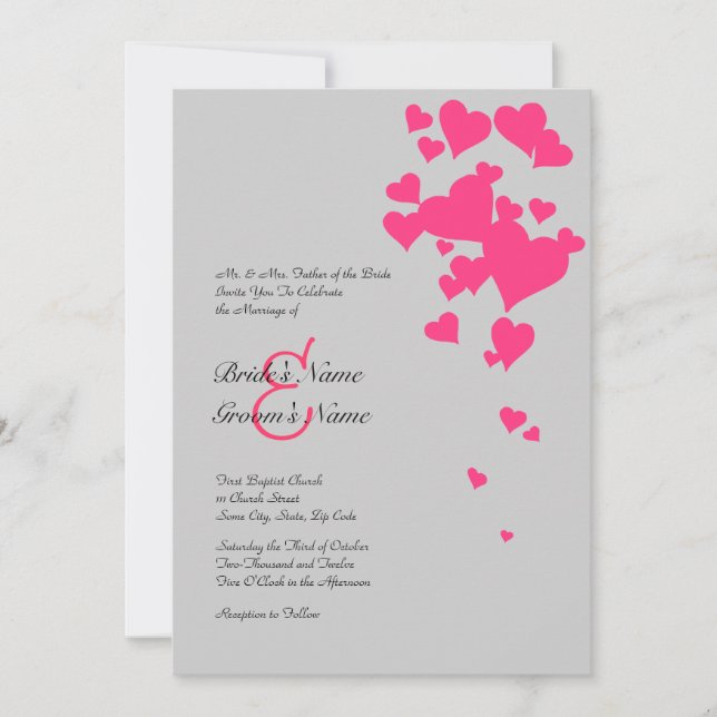 Hot Pink and Grey Hearts Wedding Invitation (Front)