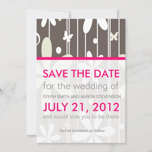 Hot Pink and Grey Retro Floral Save The Date (Front)
