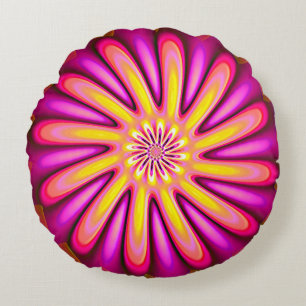 Hot Pink And Groovy Fractal Flower Round Cushion