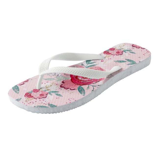 Hot Pink and Light Pink Glitter Rose   Flip Flops (Angled)