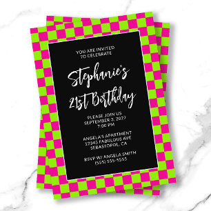 Hot Pink and Lime Chequered Bold 21st Birthday Invitation