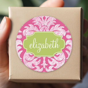 Hot Pink and Lime Girly Damask Pattern Classic Round Sticker