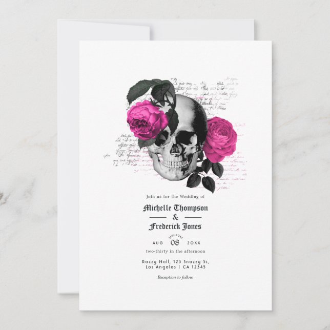 Hot-Pink and Navy Blue Floral Gothic Wedding Invitation (Front)