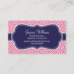 Hot Pink and Navy Blue Greek Key Pattern Business Card
