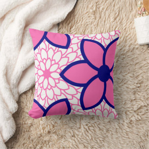 Hot Pink and Navy Blue Modern Floral Cushion