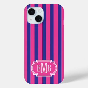 Hot Pink and Navy Blue Monogrammed Stripes iPhone 15 Case
