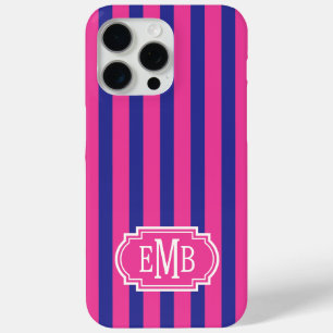 Hot Pink and Navy Blue Monogrammed Stripes iPhone 15 Pro Max Case