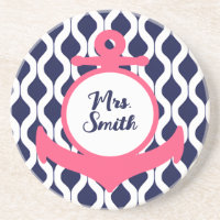 Hot Pink and Navy Blue Nautical Anchor Coaster