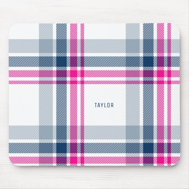 Hot Pink and Navy Blue Plaid Pattern Personalised Mouse Mat (Front)
