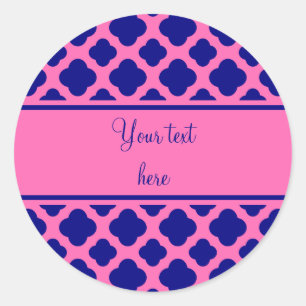 Hot Pink and Navy Blue Quatrefoil Pattern Classic Round Sticker