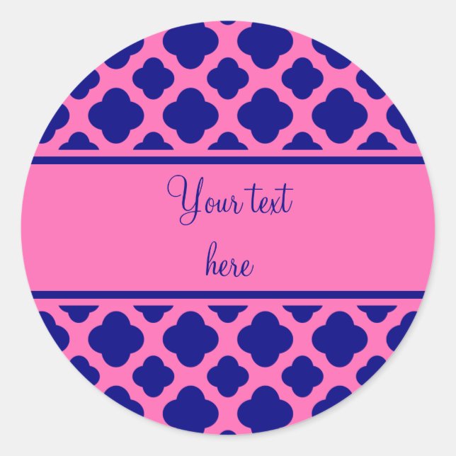 Hot Pink and Navy Blue Quatrefoil Pattern Classic Round Sticker (Front)