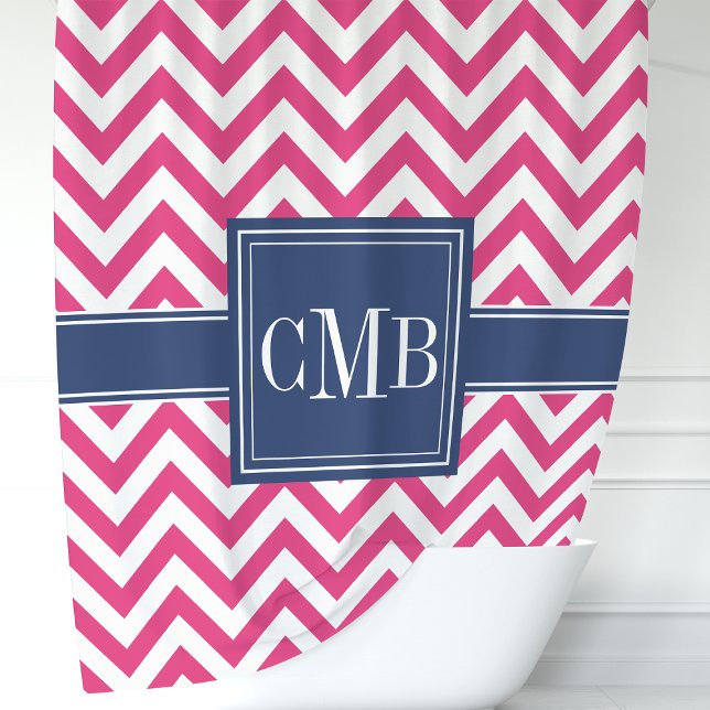 Hot Pink and Navy Chevron Stripes Monogram Shower Curtain (Creator Uploaded)