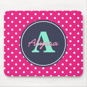 Hot Pink and Navy Dots, Initial, and Name Mouse Mat