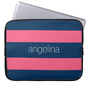 Hot Pink and Navy Modern Rugby Stripes with Name Laptop Sleeve