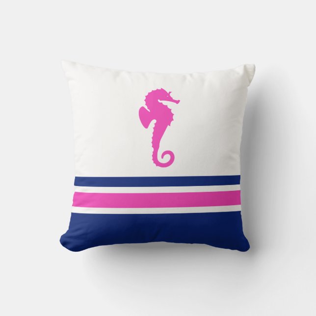 Hot Pink and Navy Sea Horse Nautical Cushion (Front)
