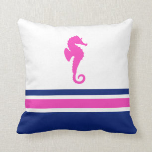 Hot Pink and Navy Sea Horse Nautical Cushion