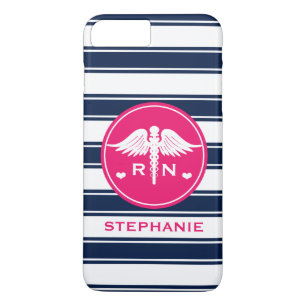 HOT PINK AND NAVY STRIPE CADUCEUS NURSE RN iPhone 8 PLUS/7 PLUS CASE