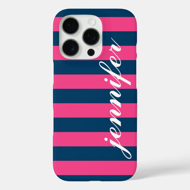 Hot Pink and Navy Stripes Custom Script Monogram Case-Mate iPhone Case (Back)