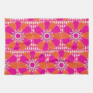 Hot Pink and Orange Bright Flower Pattern Tea Towel