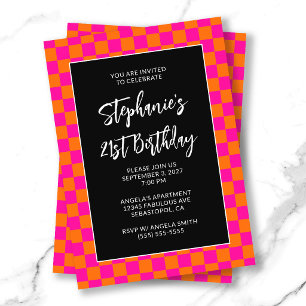 Hot Pink and Orange Chequered Bold 21st Birthday Invitation