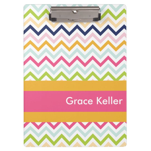 Hot Pink and Orange Chevron Personalised Clipboard (Front)