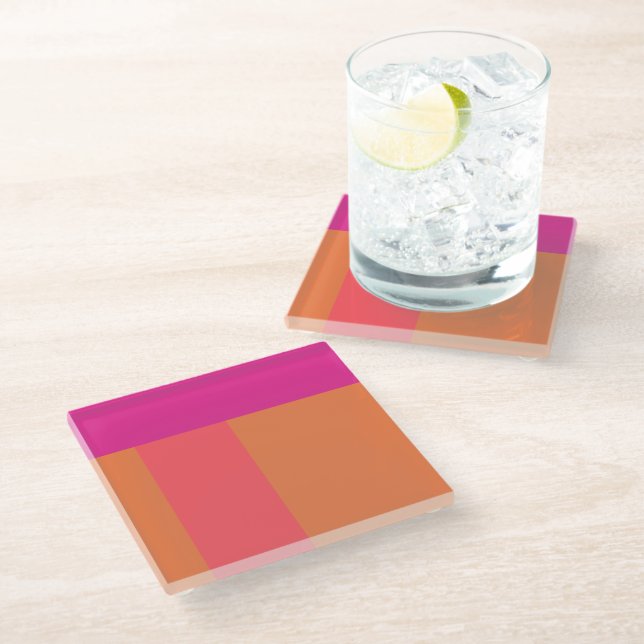 Hot Pink And Orange Colour Blocks Glass Coaster (Angled)
