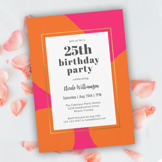 Hot Pink and Orange Colourful 25th Birthday Party Invitation (Available as a digital download for your convenience! May also be ordered as printed invitations.)
