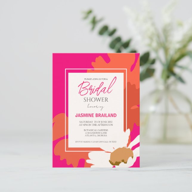 Hot Pink and Orange Daisy Abstract Floral Bridal Postcard (Standing Front)