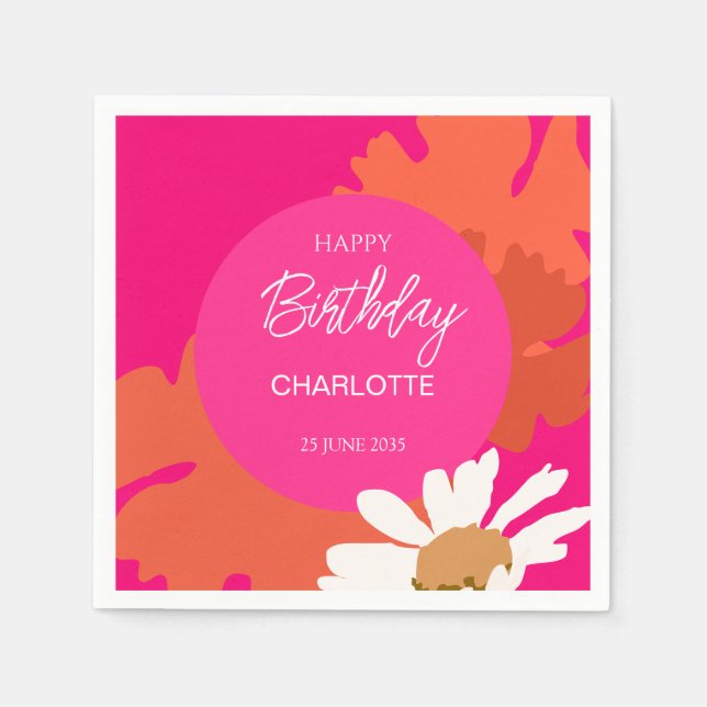 Hot Pink and Orange Daisy Floral Birthday Party  Napkin (Front)