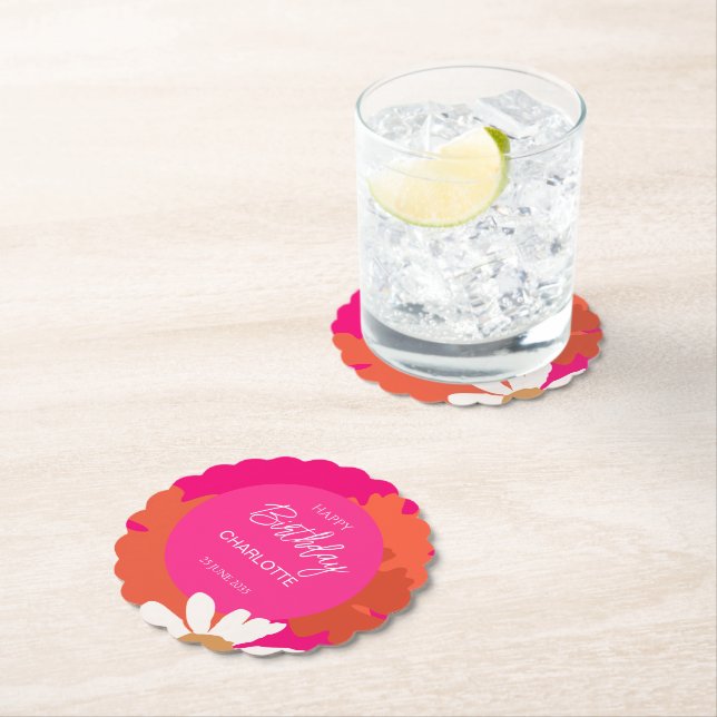 Hot Pink and Orange Daisy Floral Birthday Party  Paper Coaster (Insitu)