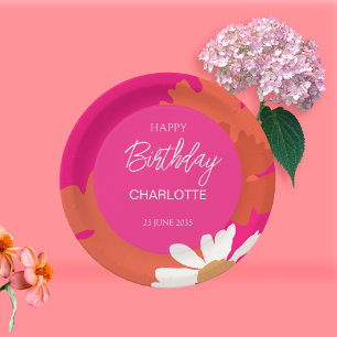 Hot Pink and Orange Daisy Floral Birthday Party  Paper Plate