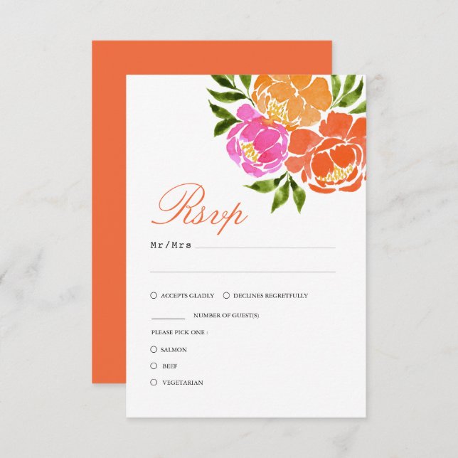 Hot Pink and Orange Fall Floral Wedding RSVP Card (Front/Back)