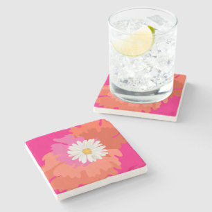 Hot Pink and Orange Floral Daisy Abstract Home Stone Coaster