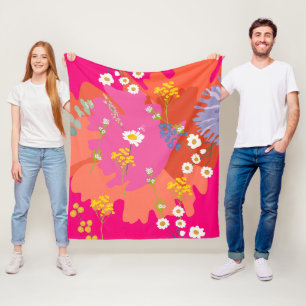 Hot Pink and Orange Floral Garden Abstract  Fleece Blanket