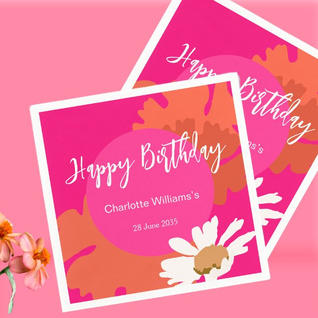 Hot Pink and Orange Floral Happy Birthday Party Napkin (Creator Uploaded)