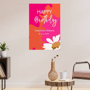 Hot Pink and Orange Floral Happy Birthday Party Poster
