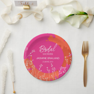 Hot Pink and Orange Floral Meadow Bridal Shower  Paper Plate