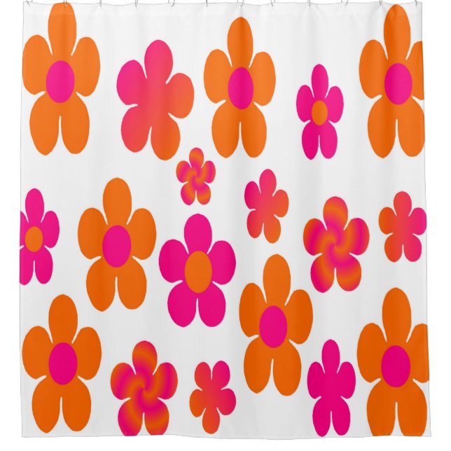 Hot pink and orange floral  shower curtain (Front)