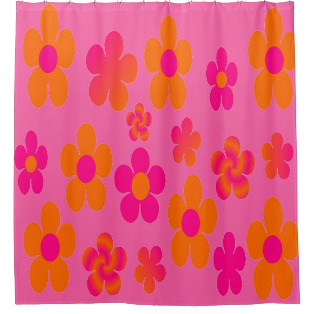 Hot pink and orange floral shower curtain (Front)