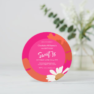 Hot Pink and Orange Floral Sixteen Birthday Party Invitation