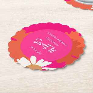 Hot Pink and Orange Floral Sixteen Birthday Party Paper Coaster