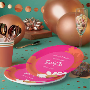 Hot Pink and Orange Floral Sixteen Birthday Party Paper Plate