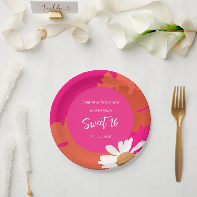 Hot Pink and Orange Floral Sixteen Birthday Party  Paper Plate (Wedding)