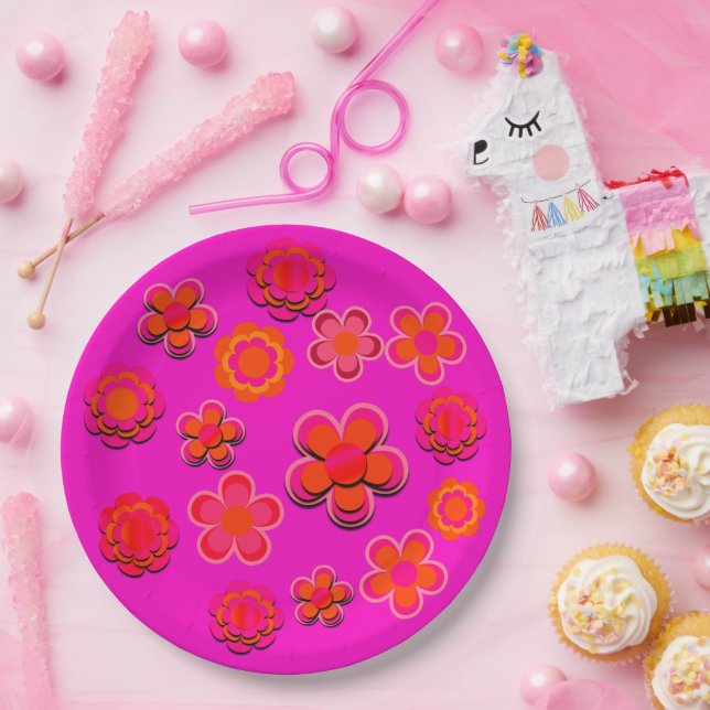 Hot Pink and Orange Flowers  Paper Plate (Party)