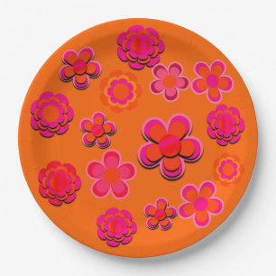 Hot Pink and Orange Flowers Paper Plate