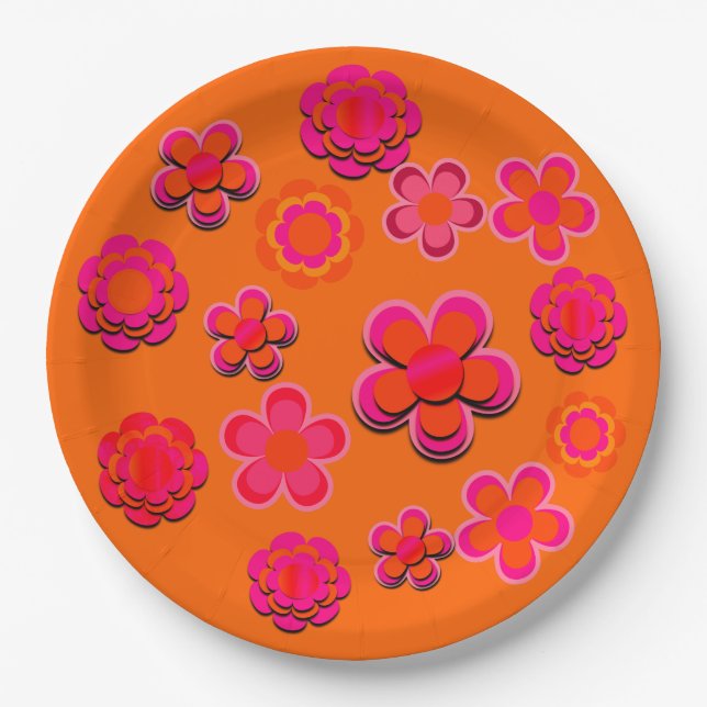 Hot Pink and Orange Flowers  Paper Plate (Front)