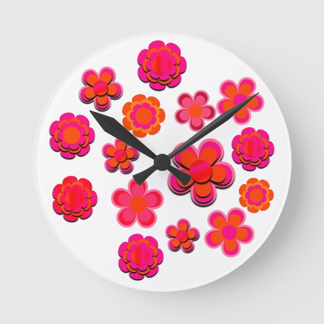 Hot Pink and Orange Flowers  Round Clock (Front)