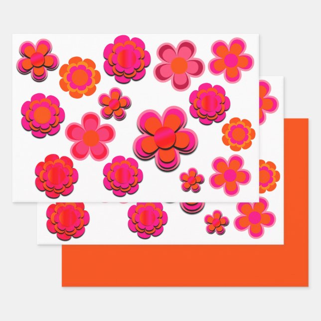 Hot Pink and Orange Flowers Wrapping Paper Sheets (Set)