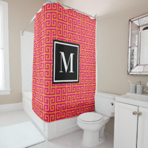 Hot Pink and Orange Greek Key Black White Monogram Shower Curtain